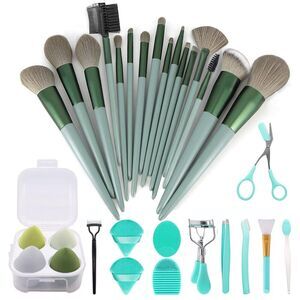 30 Pieces Green Makeup Kit Foundation Eyeshadow  Large Brushes Set